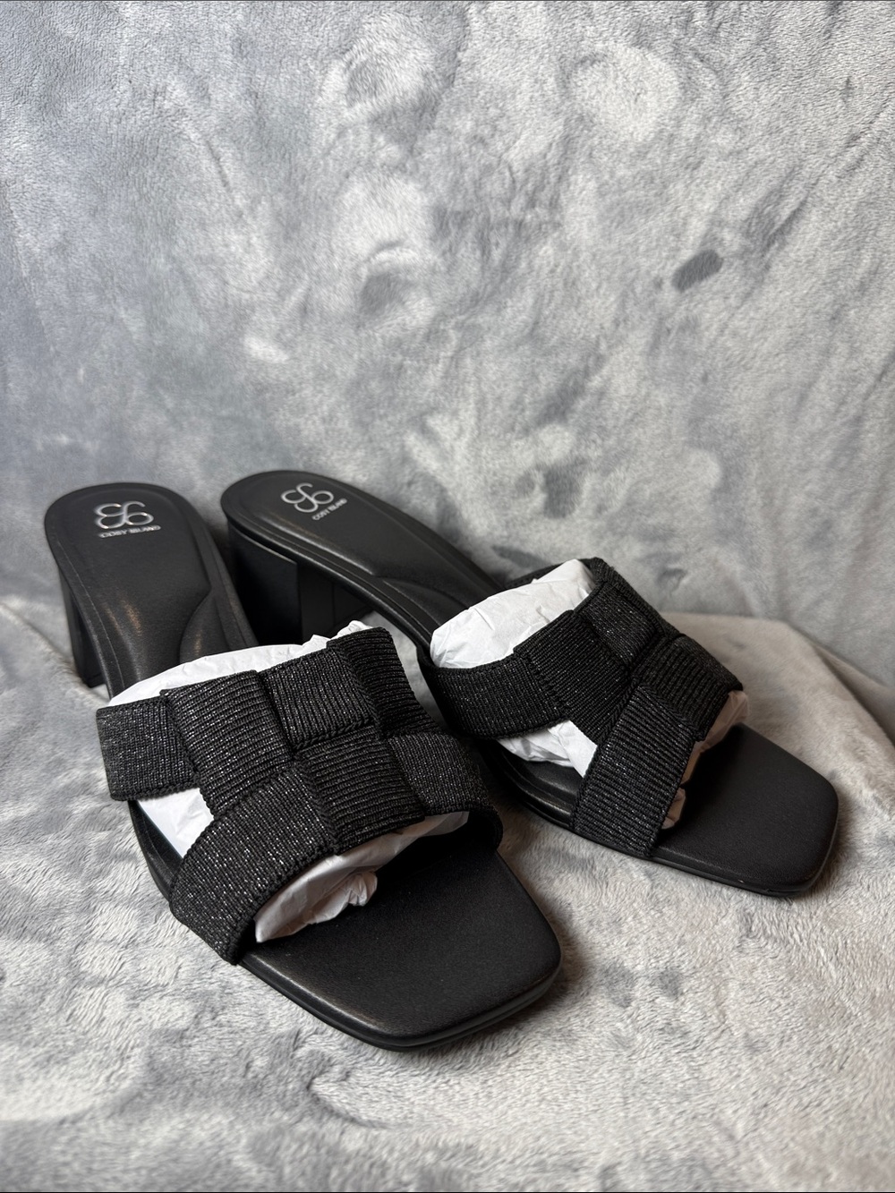 Cosy Island Black Sparkle Woven Block Heeled Sandals Square Toe